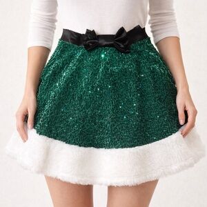 Christmas Green Sequin Skirt with White Trim size S